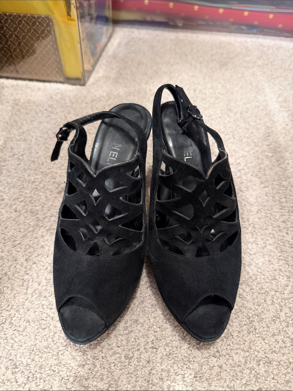 Van Eli Black Suede Cutout Peep-Toe Slingback Heels